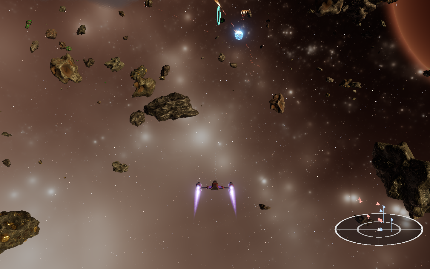 A ship fighting among asteroids, with a shield impact ahead